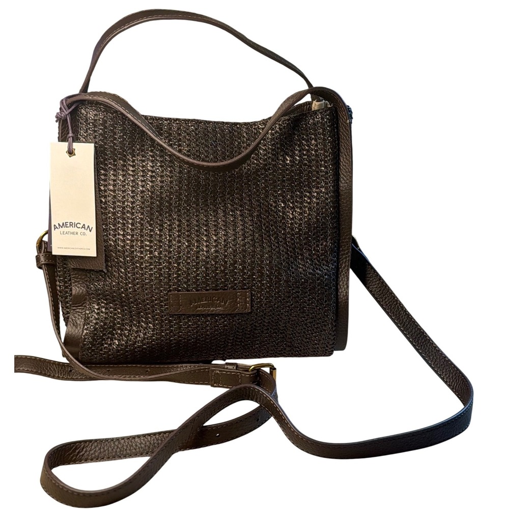 American Leather Co Triple Entry Satchel Chocolate Raffia Crossbody Bag OS Women